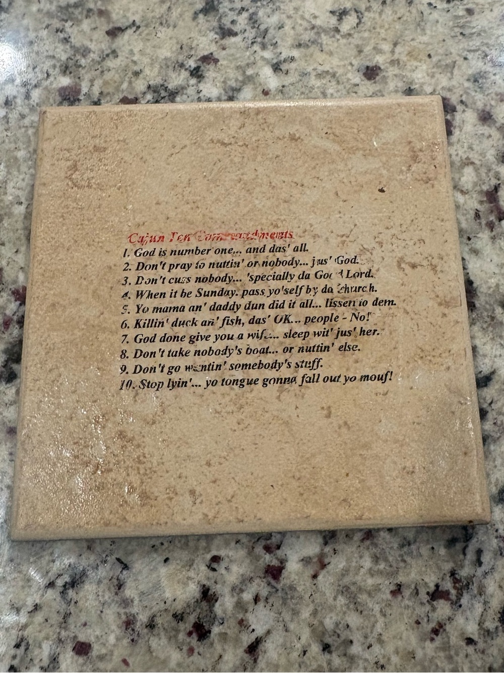Cajun Ten Commandments Slate trivet Preowned Handmade Good condition